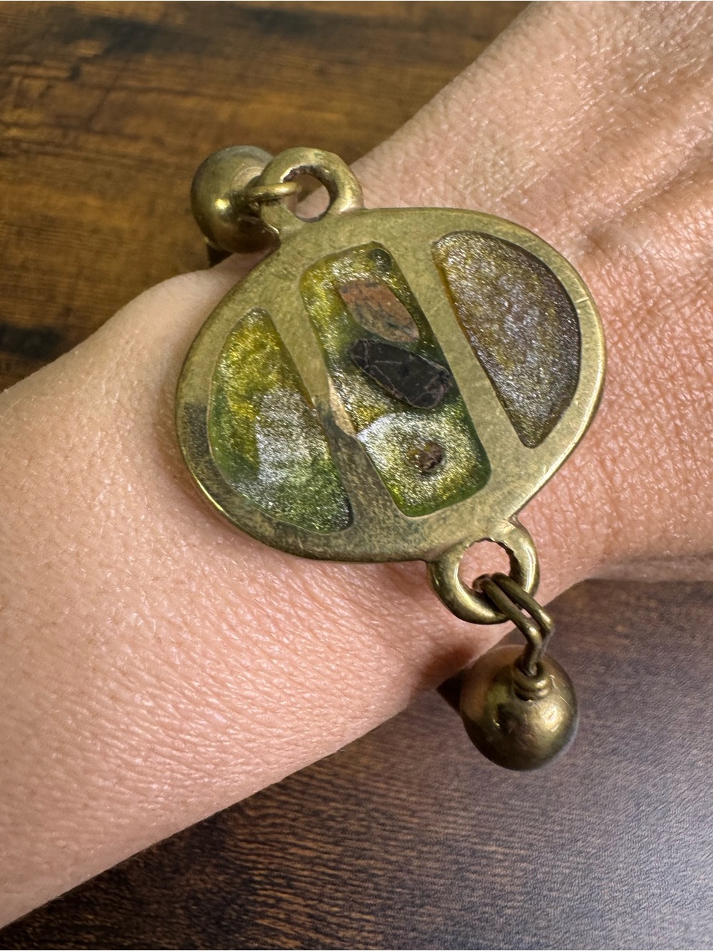 Hand Crafted Brass Bracelet with Green and Gold Inlay - Modernist - Picture 8 of 10